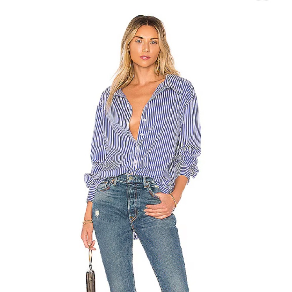 L'Academie Blue and White Striped Button-Down Shirt